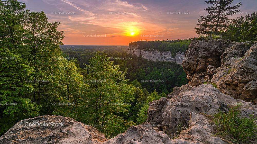 Sunset Over Rocky Cliffs with Lush Greenery