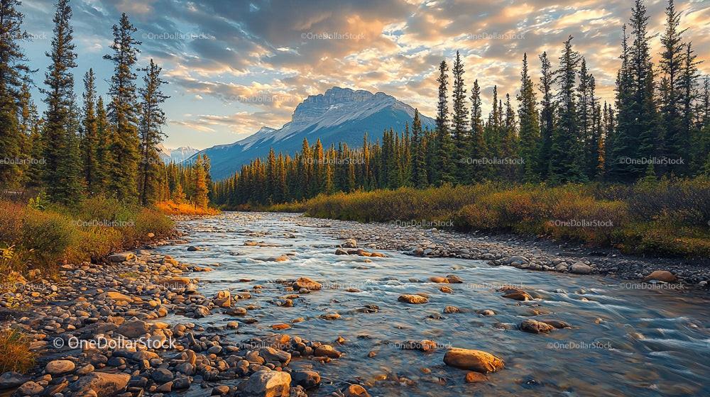 Majestic Mountain River at Sunset with Pine Forest