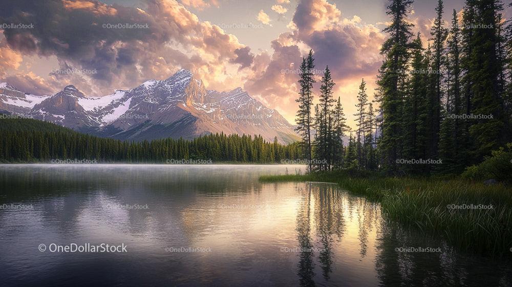 Scenic Mountain Lake at Twilight with Forest Reflection