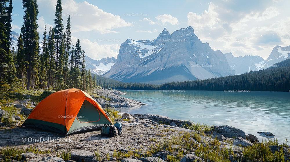 Lakeside Camping with Orange Tent in Majestic Mountain Landscape