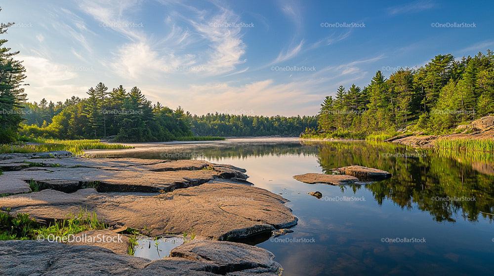 Tranquil Lake with Rocky Shores and Lush Forest Reflection