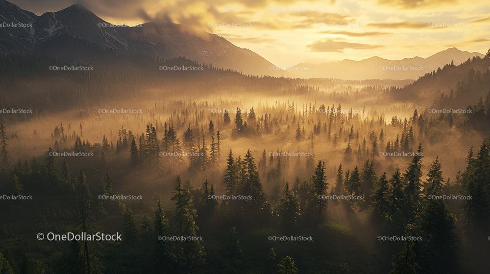 Misty Forest and Mountain Landscape at Sunrise