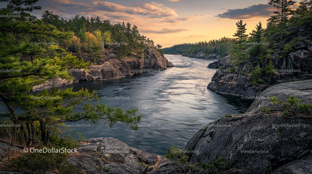 Scenic River Flowing Through Rocky Cliffs at Sunset