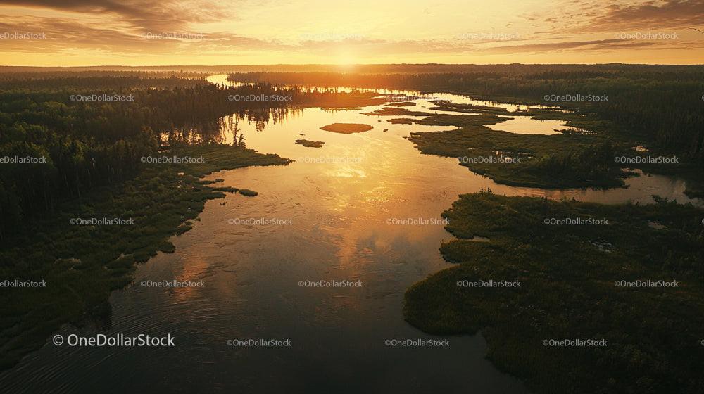 Scenic Sunset Over Tranquil River and Lush Forest Horizon