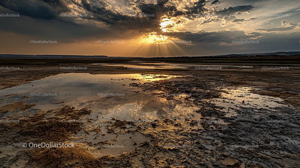 Dramatic Sunset Over Mud Flats with Reflecting Water