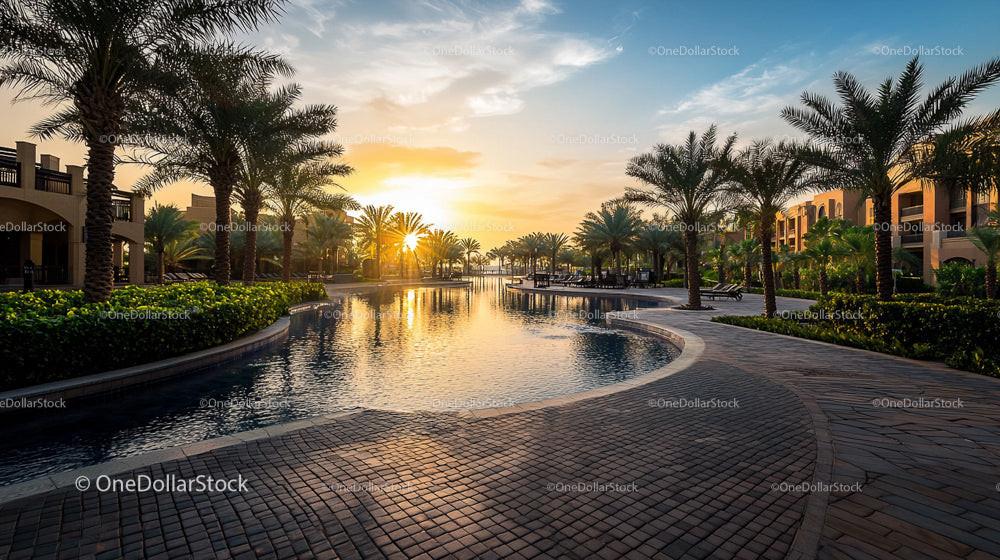 Sunset Over Luxury Resort Pool with Palm Trees