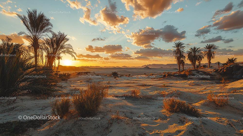 Palm Trees and Gold Landscape at Sunset