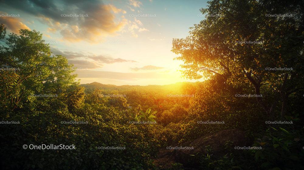 Golden Sunset Over Lush Forest Landscape