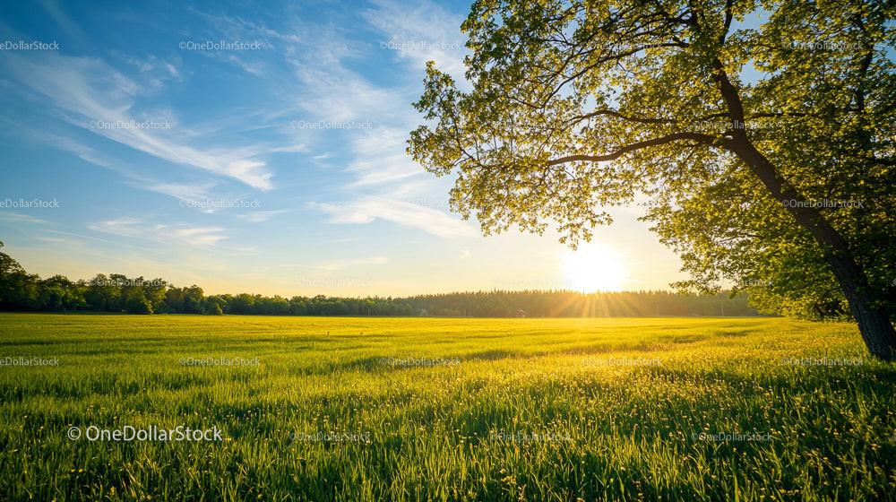 Sunset Over Serene Green Fields and Trees