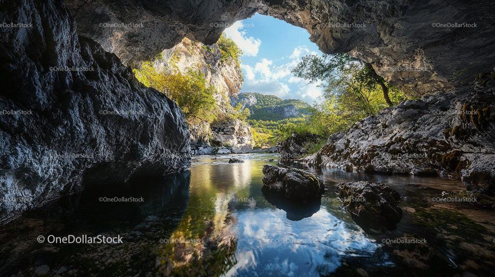 Scenic River View Through Rocky Cave Entrance