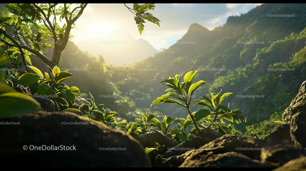 Lush Greenery Overlooking Majestic Mountain Scenery