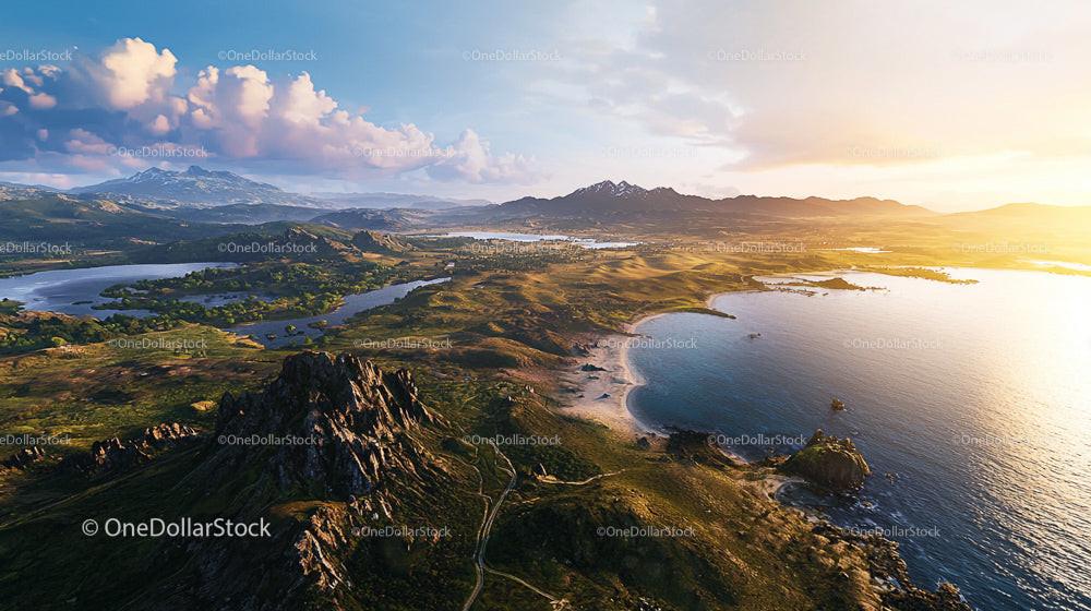 Majestic Mountain Landscape at Sunset Overlooking Tranquil Bay