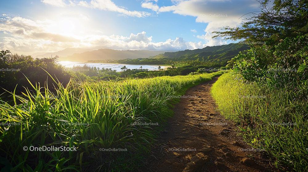 Sunlit Path Through Lush Greenery Overlooking Mountains
