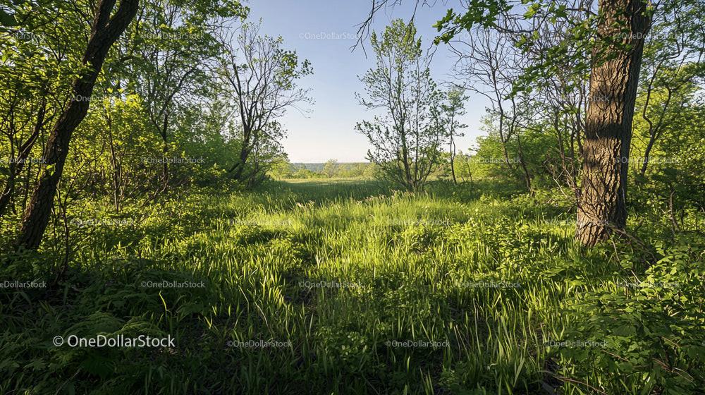 Serene Woodland Path with Lush Spring Foliage