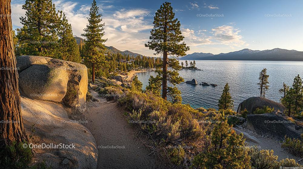 Sunset Over Rocky Shoreline and Pine Trees by a Tranquil Lake