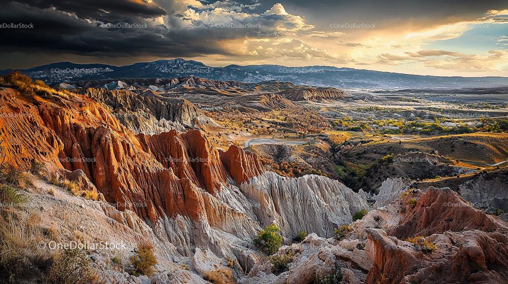 Dramatic Canyon Landscape at Sunset with Colorful Cliffs