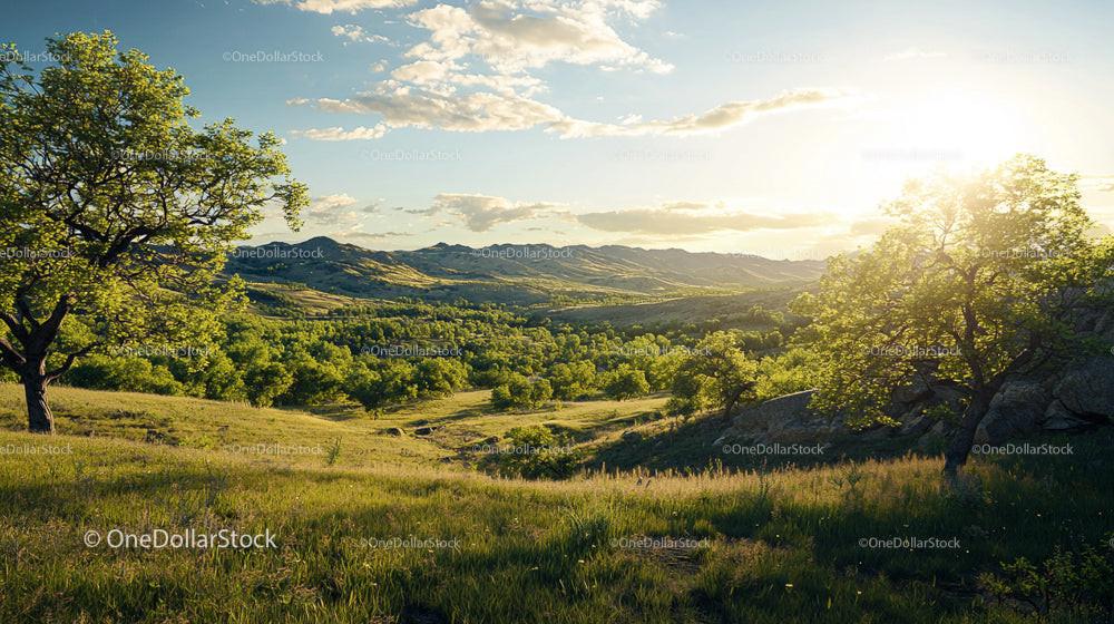 Breathtaking Sunset Over Rolling Hills and Lush Greenery