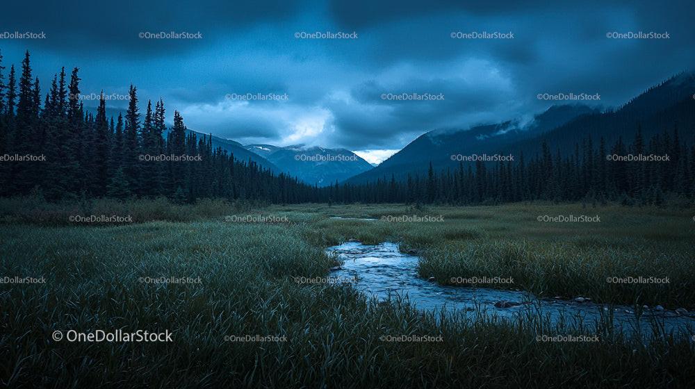 Idyllic Meadow with Stream and Dramatic Mountain Backdrop