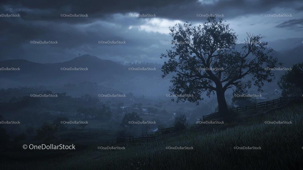 Solitary Tree Against Misty Mountain Range at Dusk