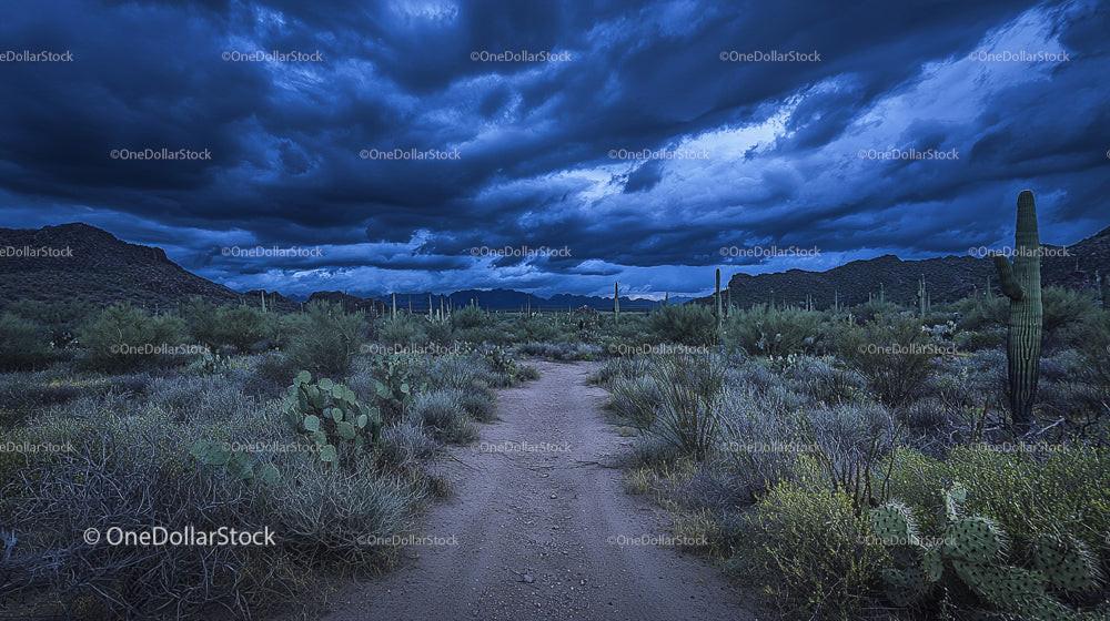 Dramatic Desert Landscape with Saguaro Cacti and Stormy Sky
