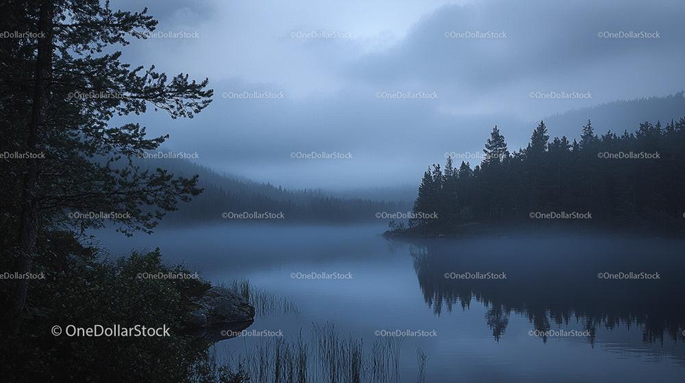 Foggy Lake with Pine Trees and Misty Reflection