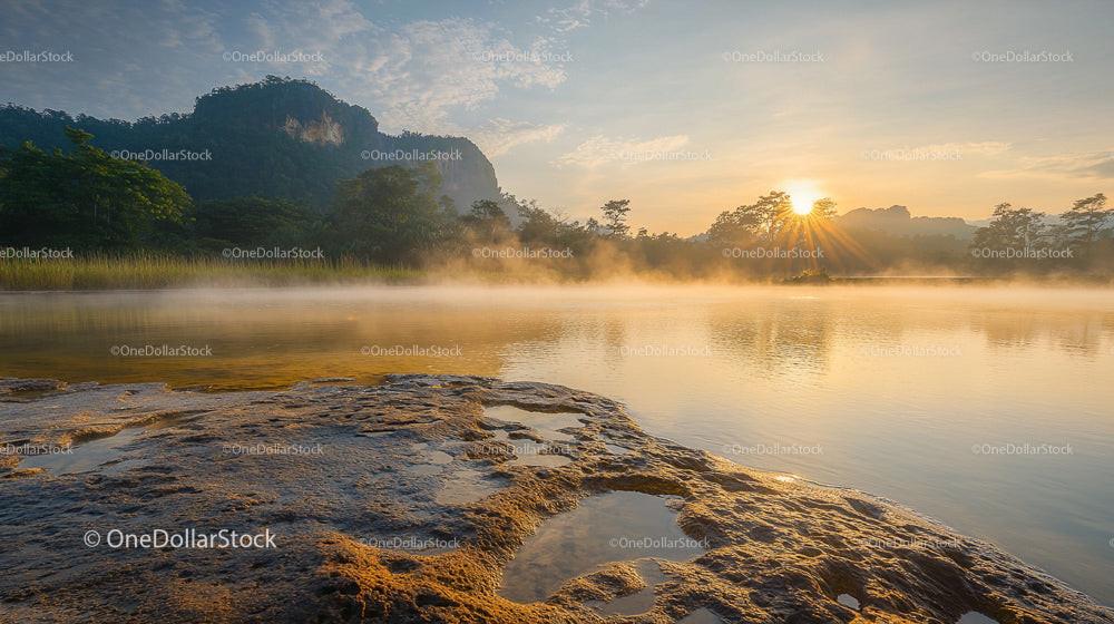 Serene River Sunrise with Mist and Mountain Backdrop
