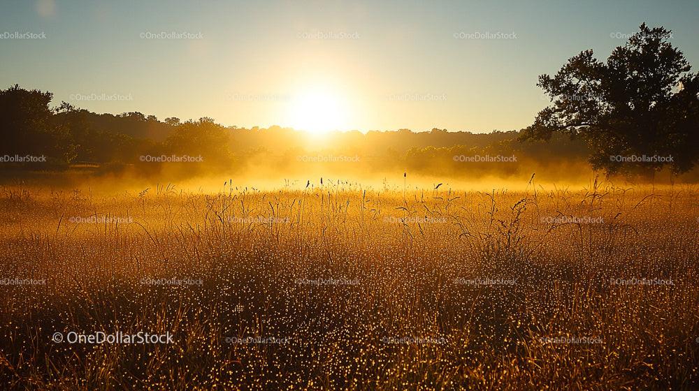 Breathtaking Sunrise Over Misty Golden Meadow