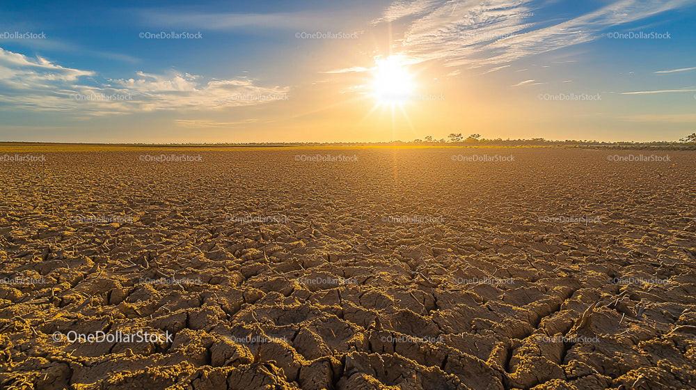 Golden Sunset Over Cracked Arid Landscape