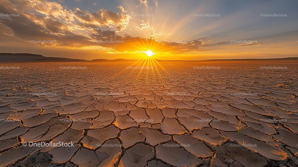 Sunset Over Cracked Desert Landscape with Glowing Sky