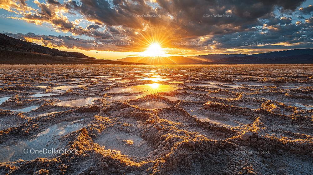 Vivid Sunset Over Expansive Salt Flats and Dramatic Skies