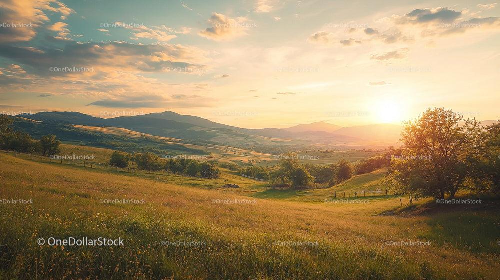 Golden Sunset Over Rolling Countryside Landscape