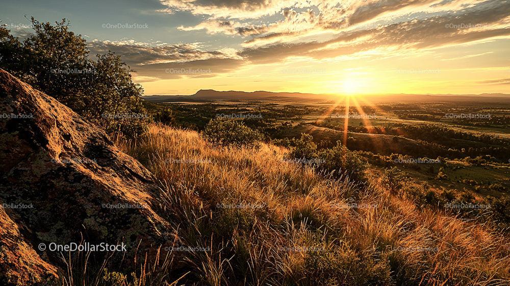 Golden Sunset Over Scenic Grassland Landscape