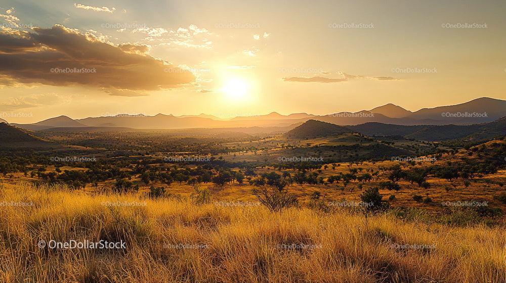 Golden Sunset Over African Savanna and Rolling Hills