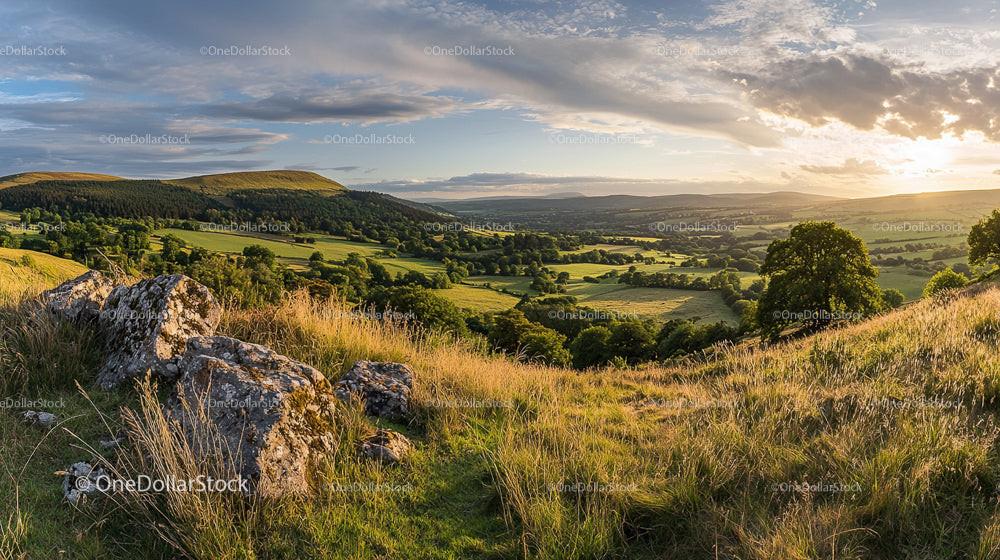 Sunset Over Lush Green Hills and Valleys