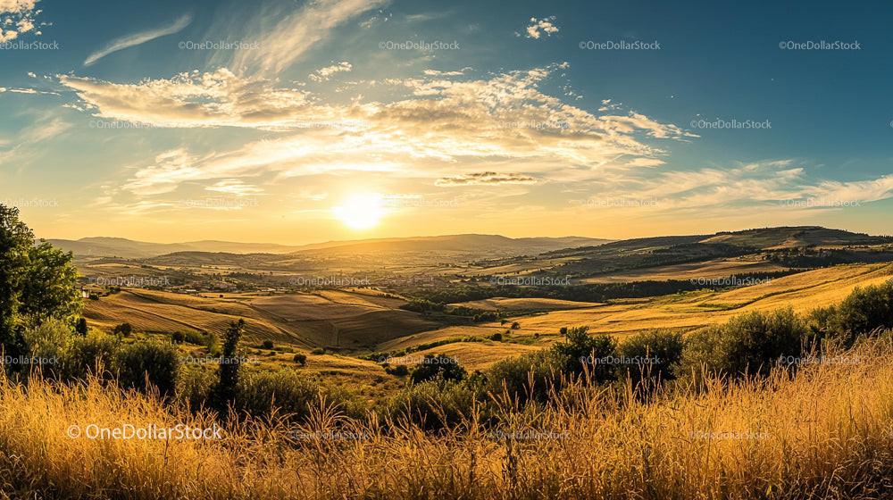 Sunset Over Golden Fields and Rolling Hills