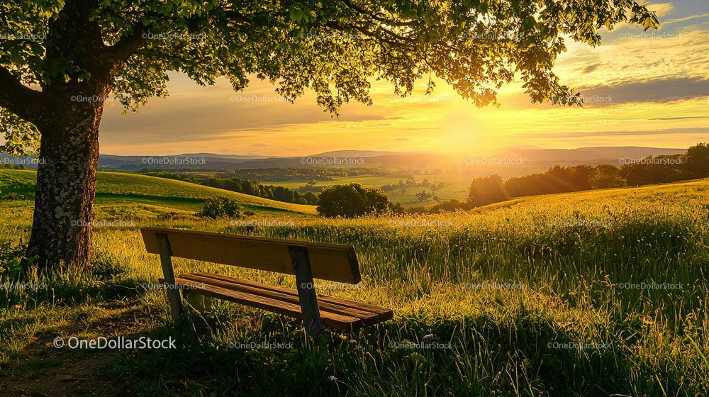Tranquil Countryside Sunset with a Wooden Bench