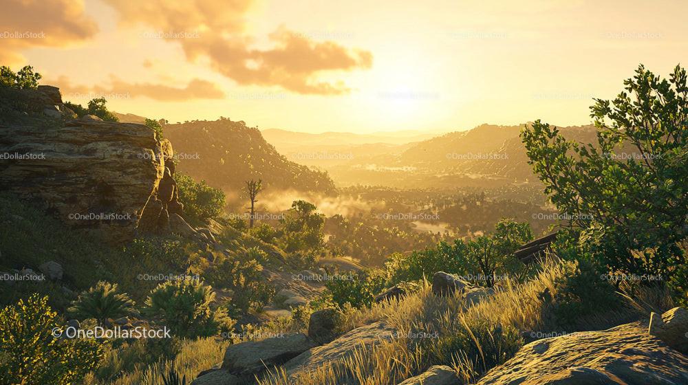 Golden Sunset Over a Lush Green Valley