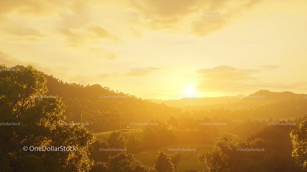 Golden Sunset Over Rolling Hills and Forested Landscape