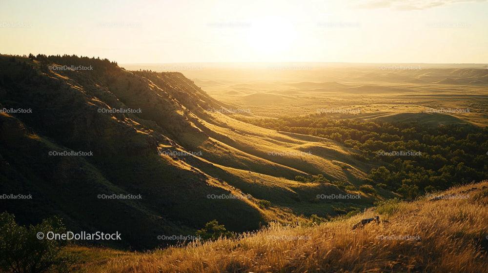 Golden Sunset Over Serene Rolling Hills and Valleys