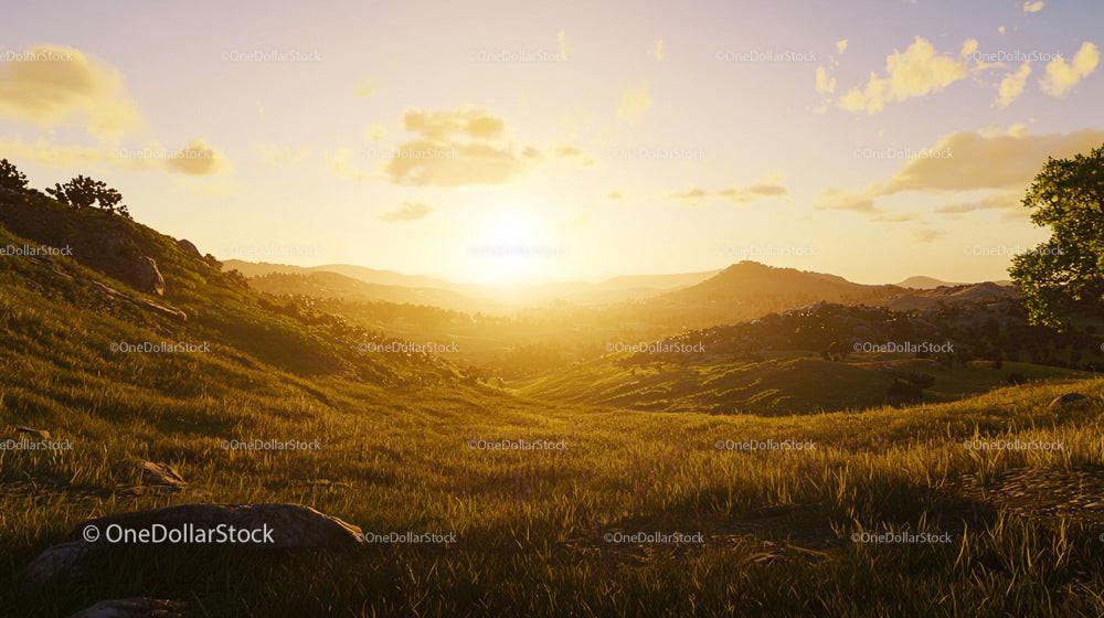 Golden Sunset Over Rolling Hills with Tranquil Atmosphere