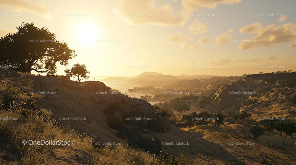 Golden Sunset Over Tranquil Rocky Landscape