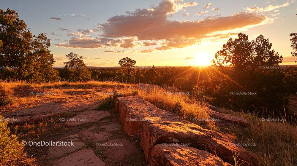 Golden Sunset Over Tranquil Countryside Landscape