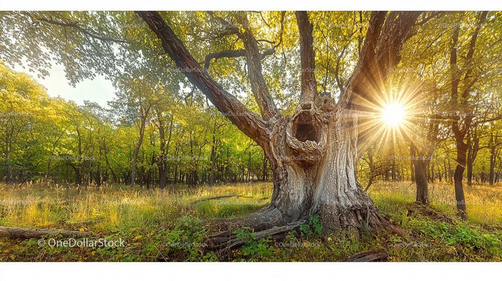 Sunlight Streaming Through Ancient Oak Tree in Forest