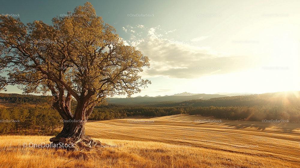 Solitary Tree in Scenic Golden Field at Sunset