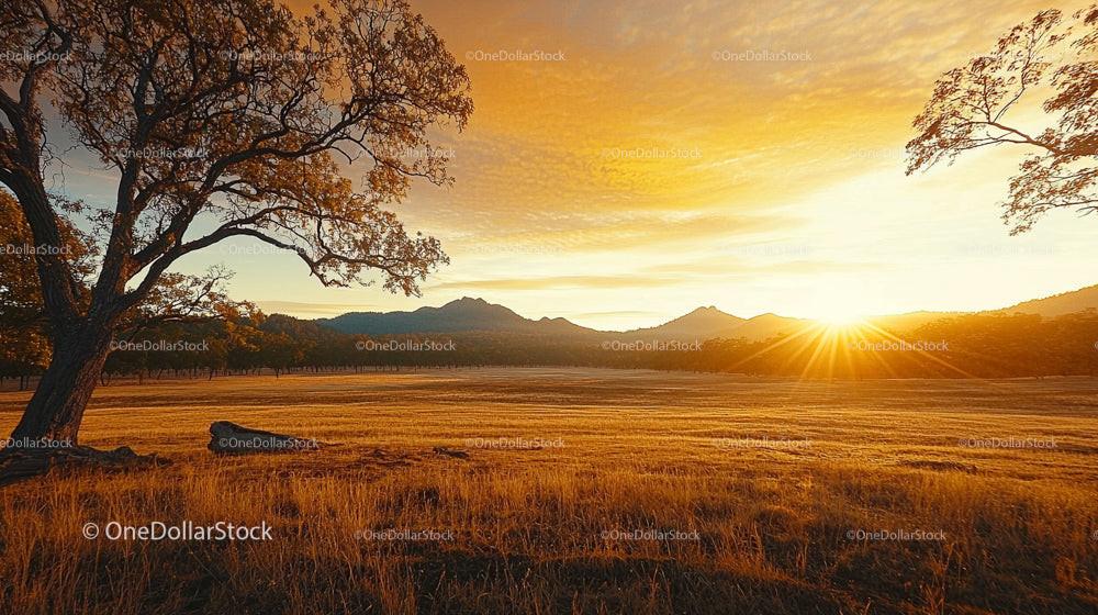 Majestic Mountain Sunset with Golden Fields and Trees
