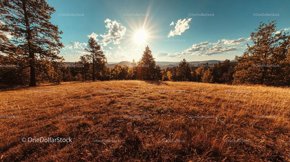 Golden Sunset Over Autumn Pine Landscape