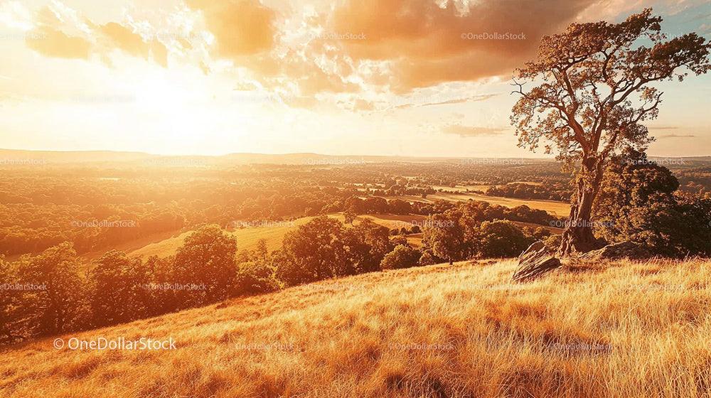 Dramatic Sunset Over Rolling Hills with Solitary Tree