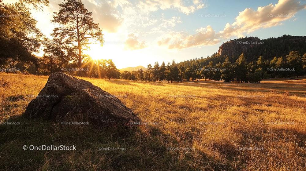 Golden Hour in a Tranquil Grassy Field with Rocky Outcrop