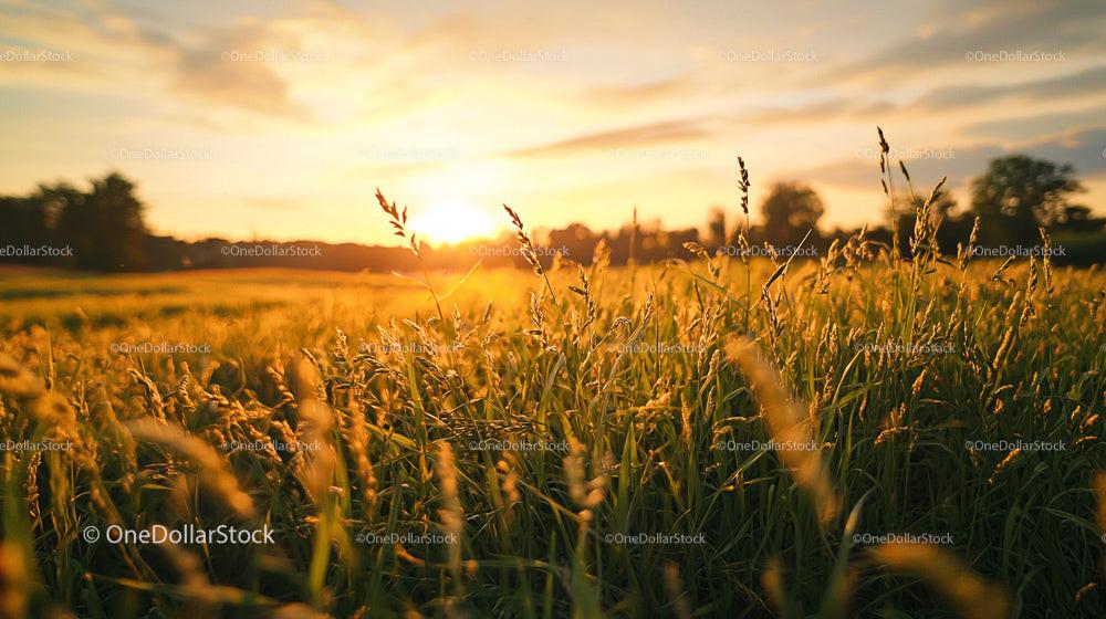 Golden Hour Over a Tranquil Grass Field at Sunset