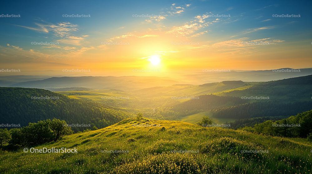 Golden Sunset Over Rolling Green Hills and Valleys